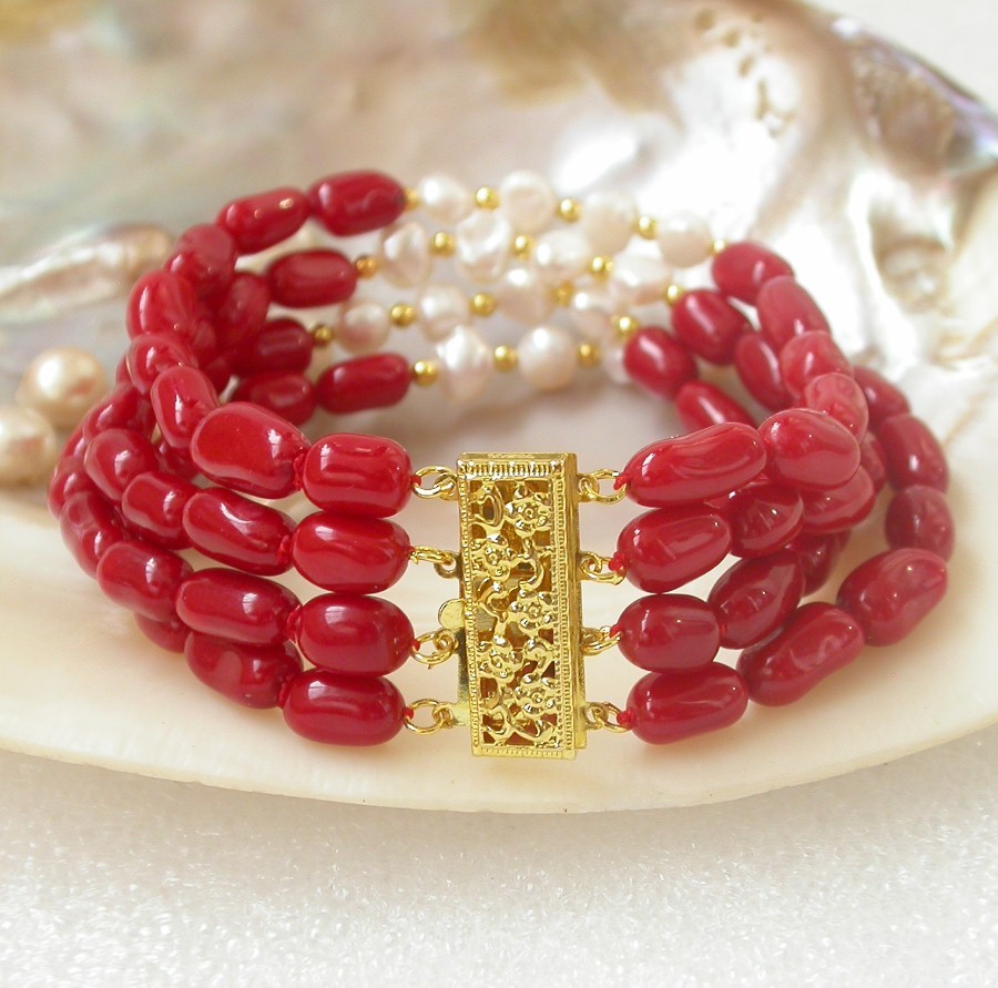 natural 8" 4row Baroque rice pink red coral white pearls bracelet 14K/20 clasp c1493