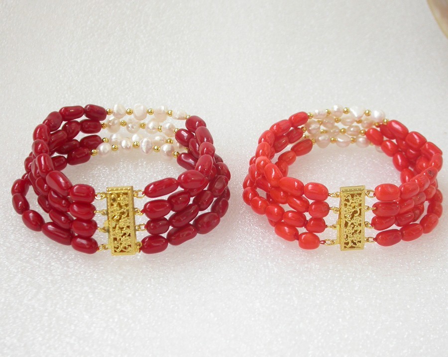 natural 8" 4row Baroque rice pink red coral white pearls bracelet 14K/20 clasp c1493