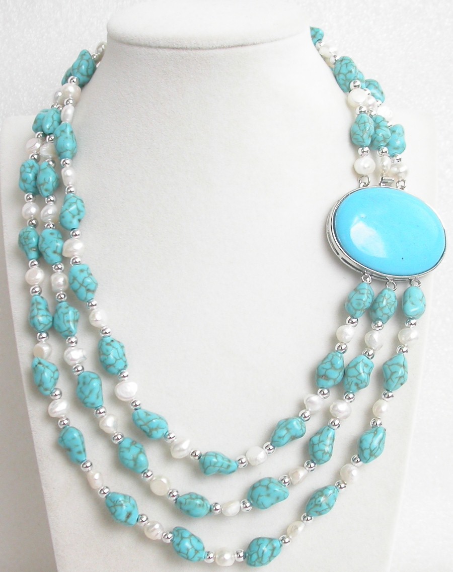 natural Baroque 17" 3row Multicolor white pearls blue turquoise necklace c1494