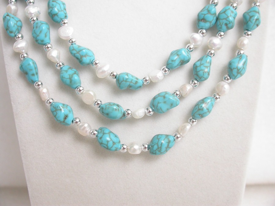 natural Baroque 17" 3row Multicolor white pearls blue turquoise necklace c1494