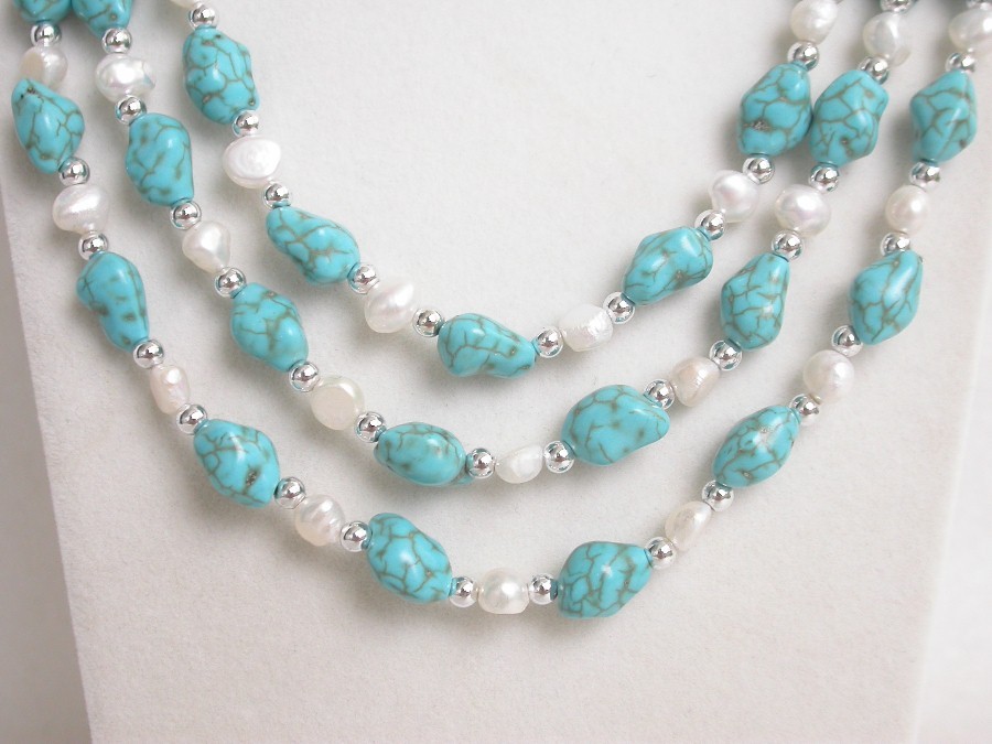 natural Baroque 17" 3row Multicolor white pearls blue turquoise necklace c1494