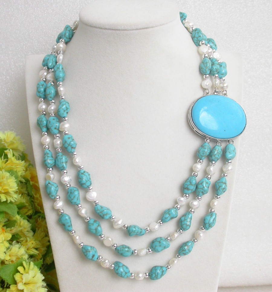 natural Baroque 17" 3row Multicolor white pearls blue turquoise necklace c1494