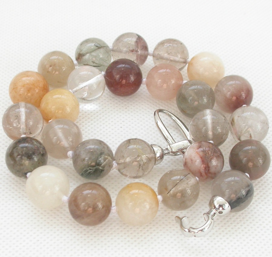 AAA natural 18" 14mm Multicolor round crystal Necklace 925sc c1513