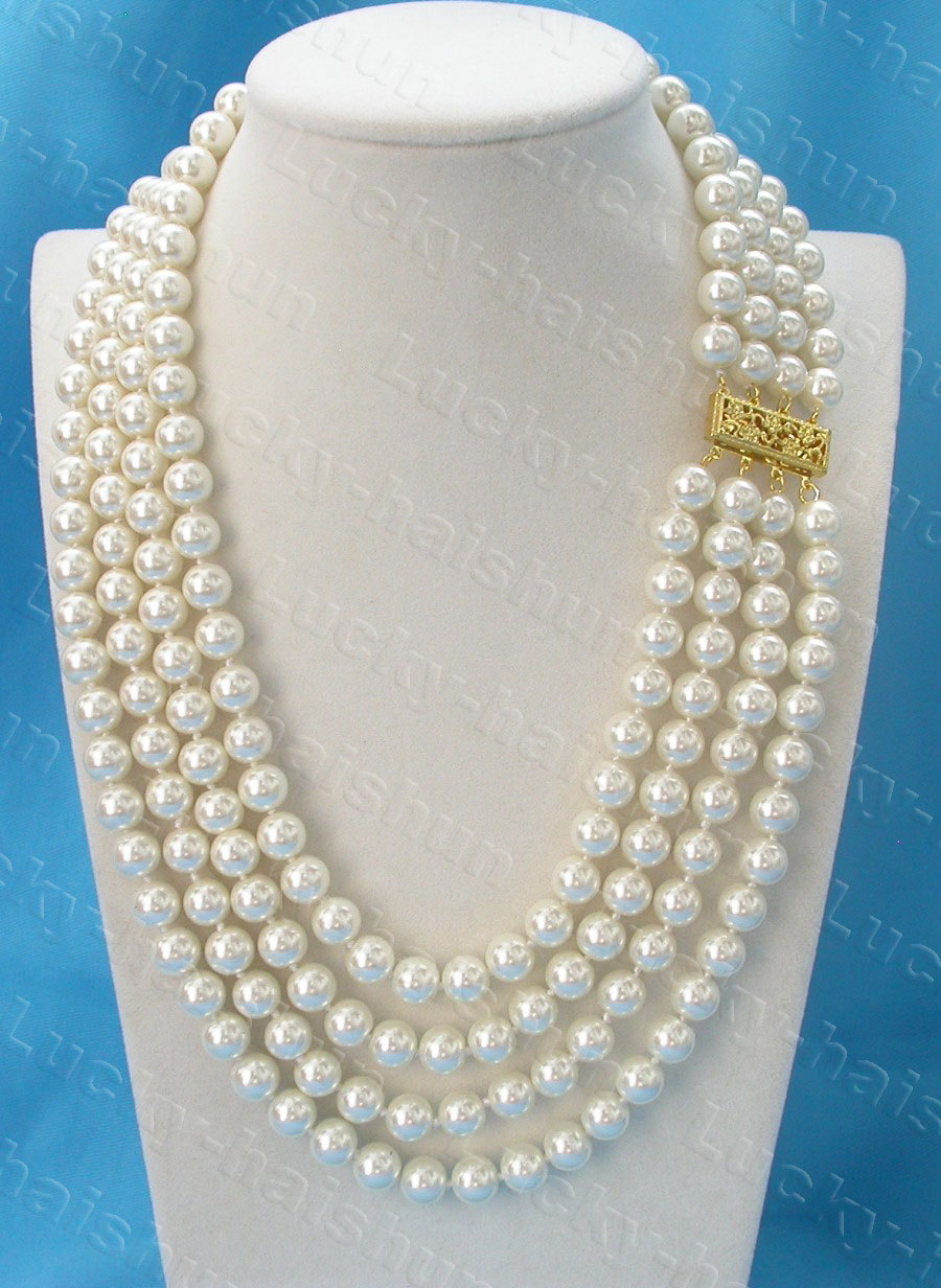 AAA 17" 4row 8mm 10mm round white south sea shell pearls necklace c1529