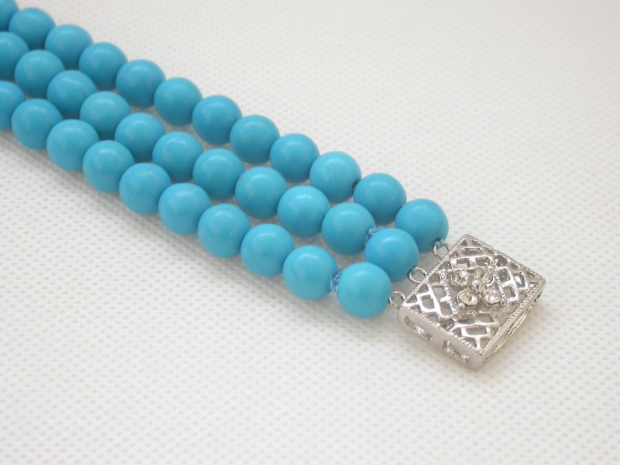 natural 8" 3row 6mm 8mm 10mm round sky-blue turquoise Bracelet 18KGP clasp c1532