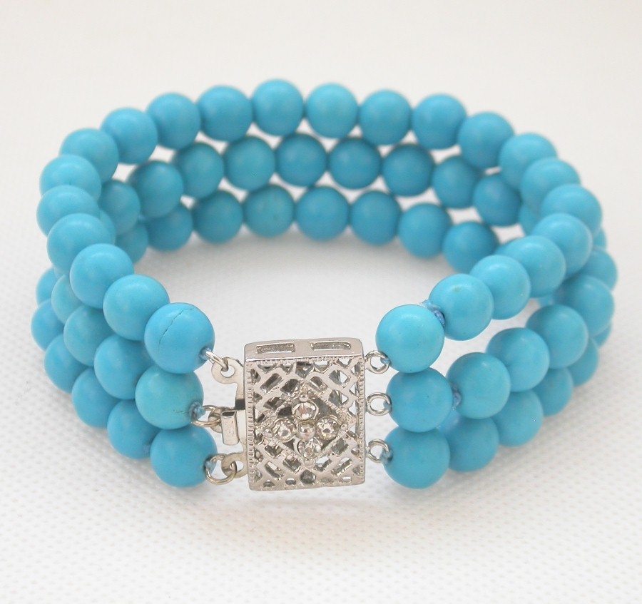 natural 8" 3row 6mm 8mm 10mm round sky-blue turquoise Bracelet 18KGP clasp c1532
