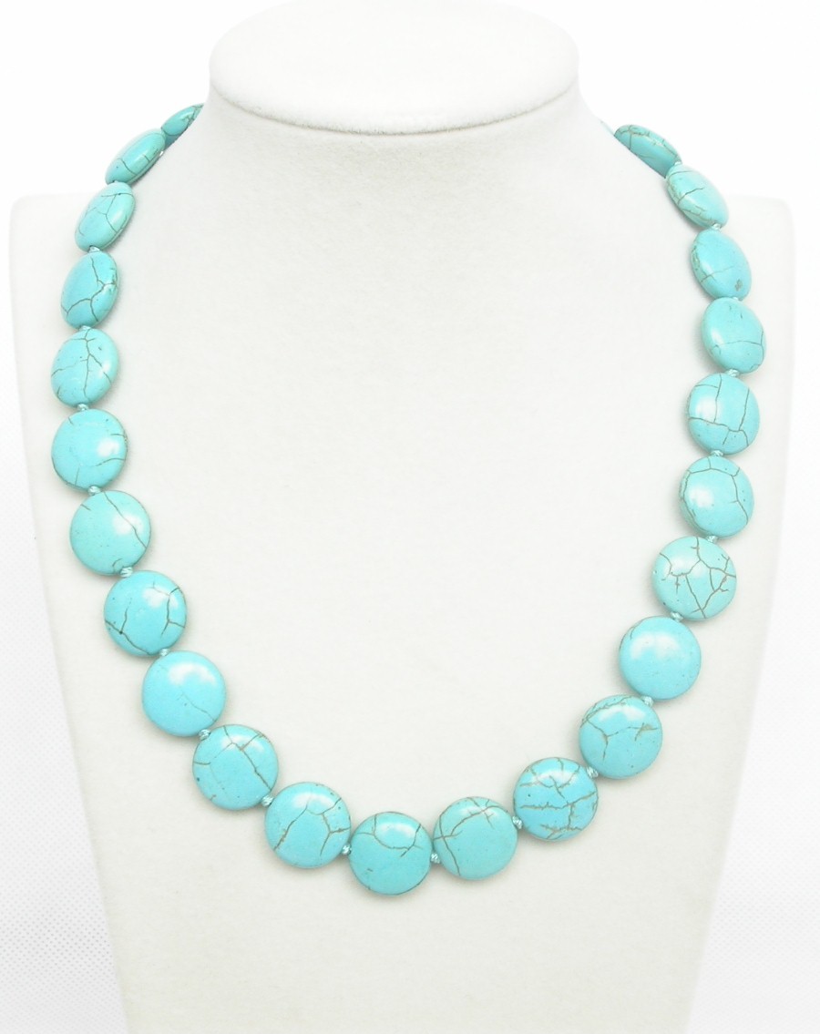 AAA natural 18" 15mm round coin sky-blue turquoise necklace 9K clasp c1004