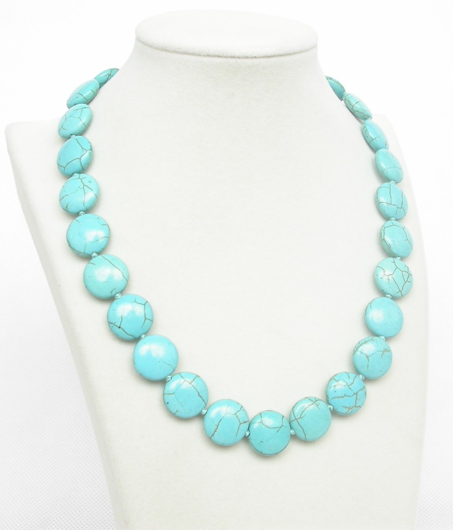 AAA natural 18" 15mm round coin sky-blue turquoise necklace 9K clasp c1004