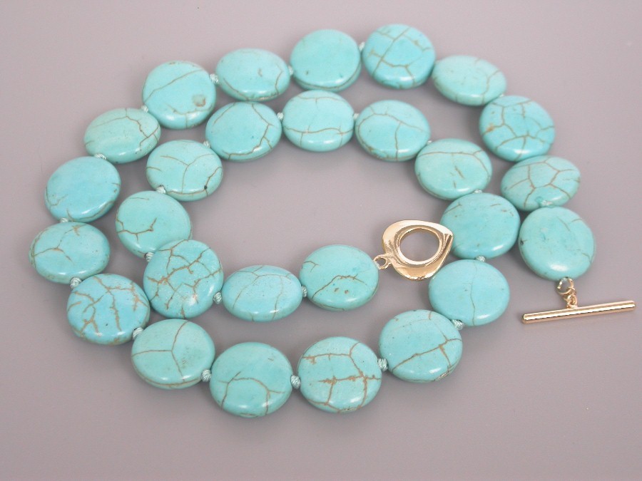 AAA natural 18" 15mm round coin sky-blue turquoise necklace 9K clasp c1004