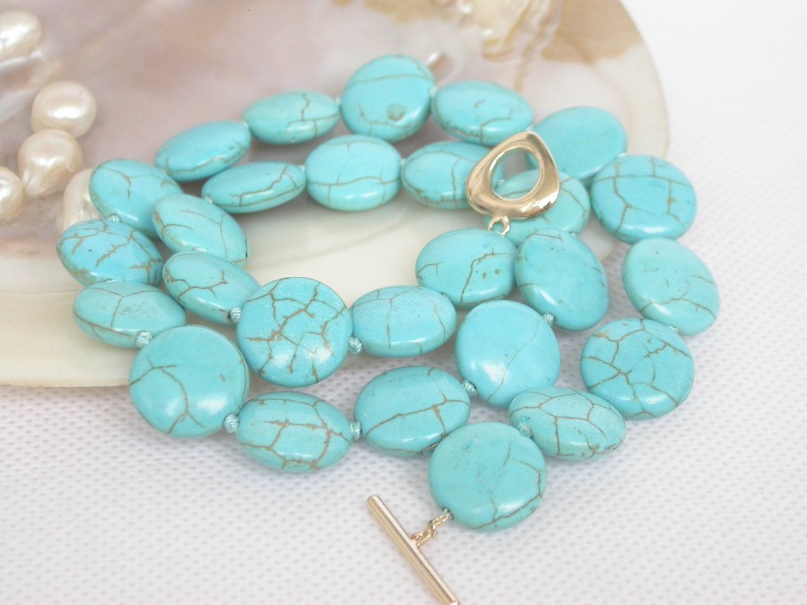 AAA natural 18" 15mm round coin sky-blue turquoise necklace 9K clasp c1004