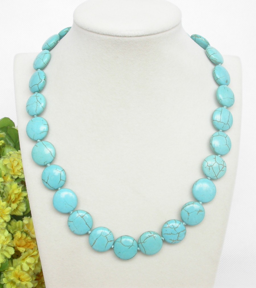 AAA natural 18" 15mm round coin sky-blue turquoise necklace 9K clasp c1004