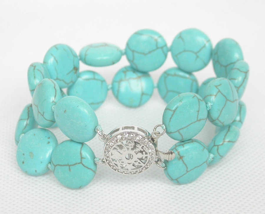 AAA natural 8" 2row 15mm round coin sky-blue turquoise bracelet 925sc clasp c1005