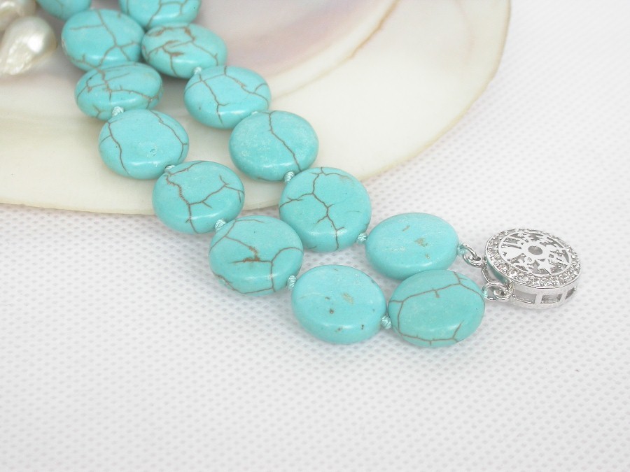 AAA natural 8" 2row 15mm round coin sky-blue turquoise bracelet 925sc clasp c1005