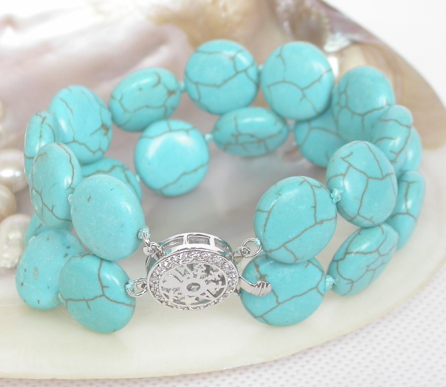 AAA natural 8" 2row 15mm round coin sky-blue turquoise bracelet 925sc clasp c1005