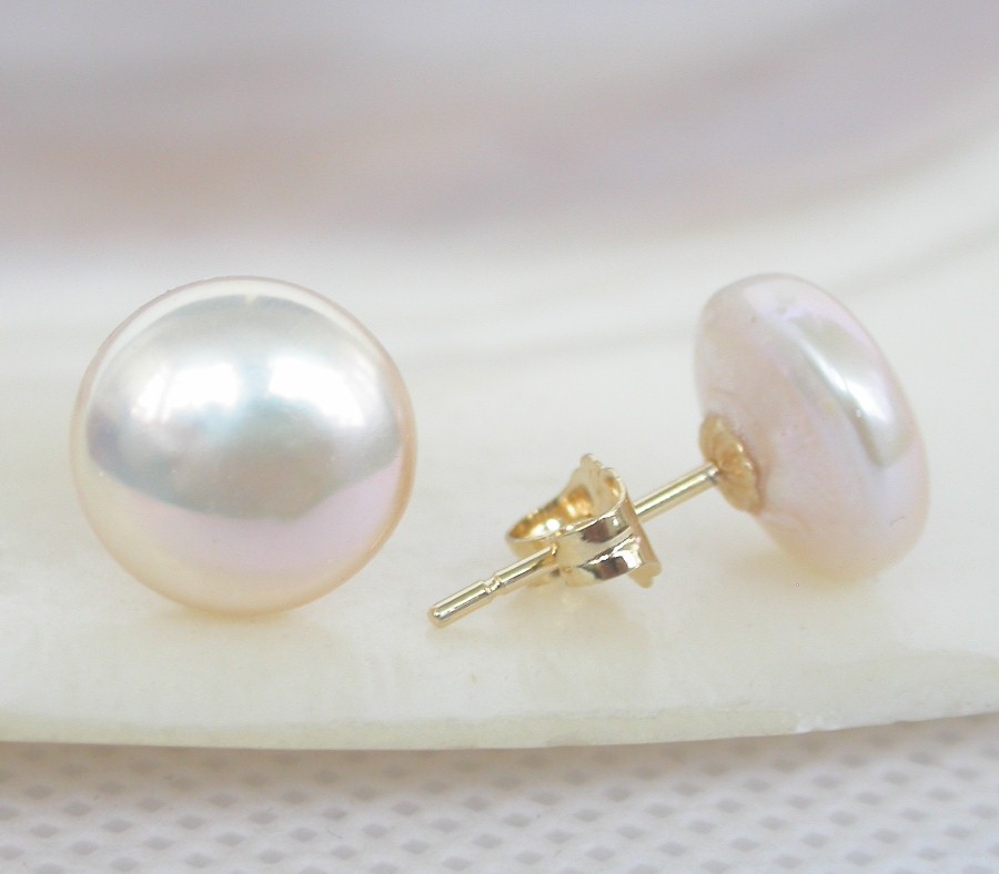AAAA natural 11mm fastener coin light pink pearls Earrings 14K solid gold c1008