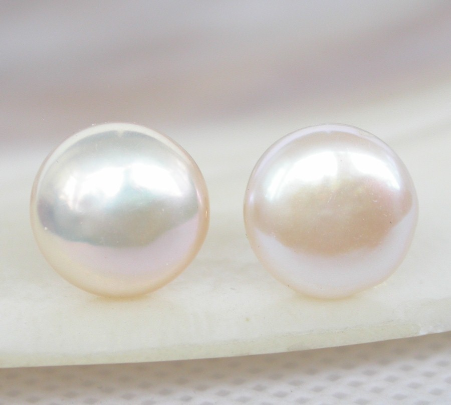 AAAA natural 11mm fastener coin light pink pearls Earrings 14K solid gold c1008
