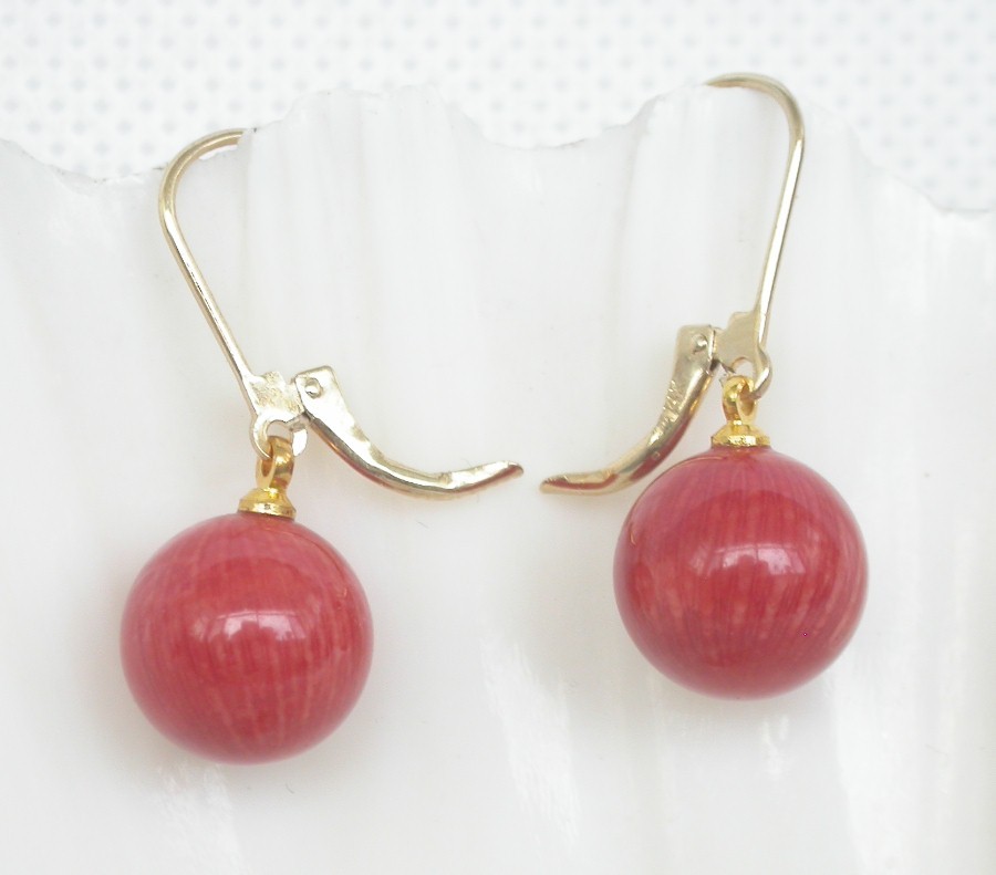 AAAA natural Dangle 11mm round Red coral beads Earrings 14K solid hoop c1009