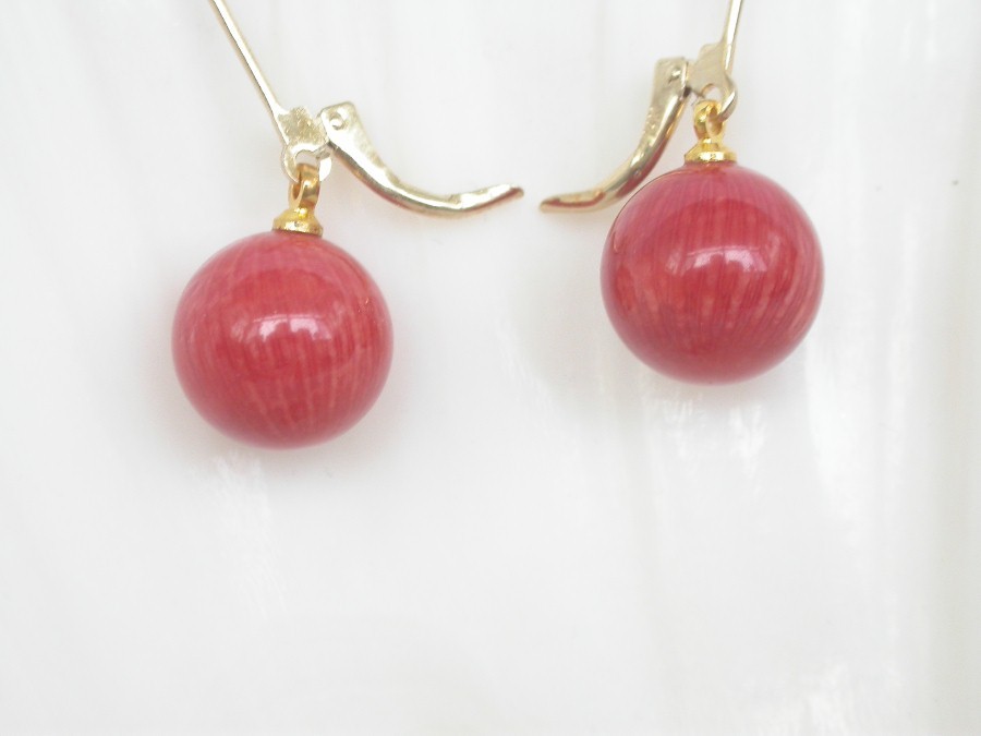 AAAA natural Dangle 11mm round Red coral beads Earrings 14K solid hoop c1009