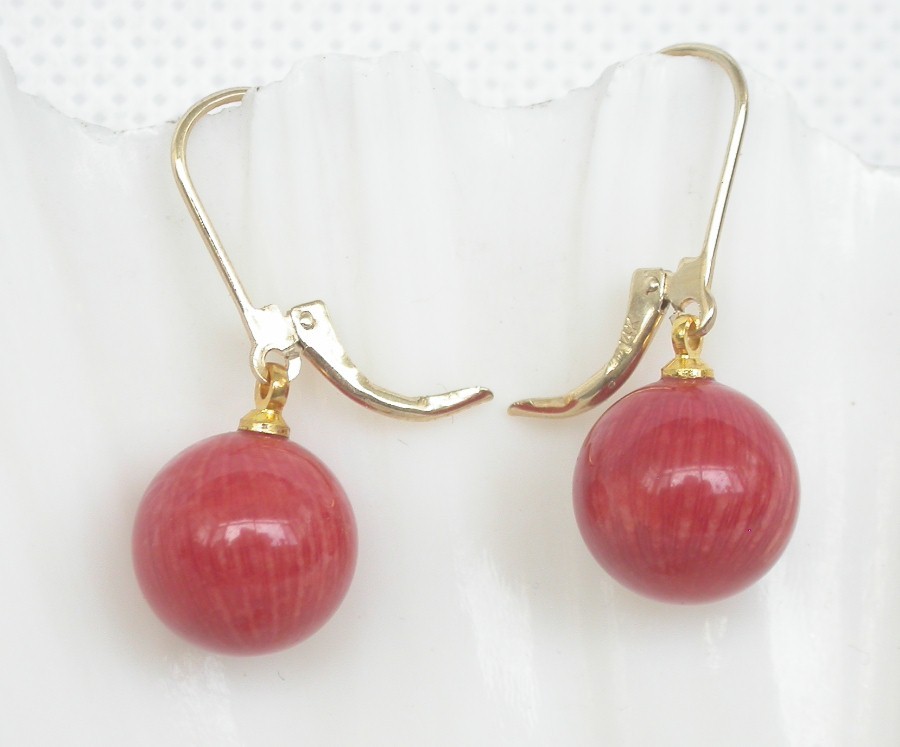 AAAA natural Dangle 11mm round Red coral beads Earrings 14K solid hoop c1009