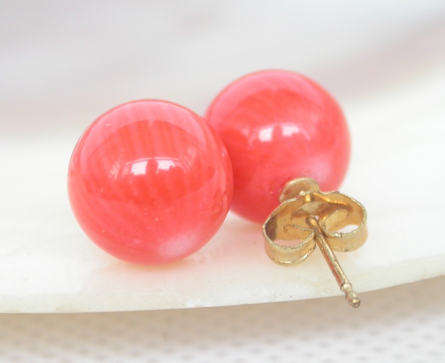 AAA natural Studs 10mm round pink coral beads Earrings 14K post c1010