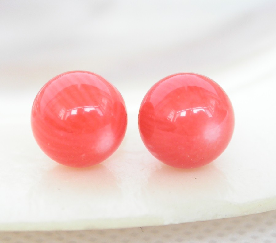 AAA natural Studs 10mm round pink coral beads Earrings 14K post c1010