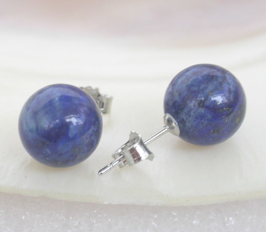 AAA Selectable natural Studs 10mm round Multi-color lapis lazuli jade Earrings 14K gold
