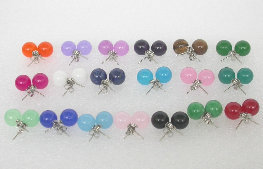 AAA Selectable natural Studs 10mm round Multi-color lapis lazuli jade Earrings 14K gold