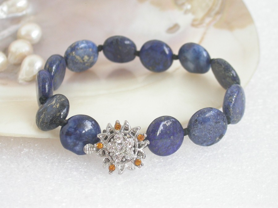 AAA natural 8" 14mm coin fastener blue lapis lazuli Bracelet 18KGP c1074