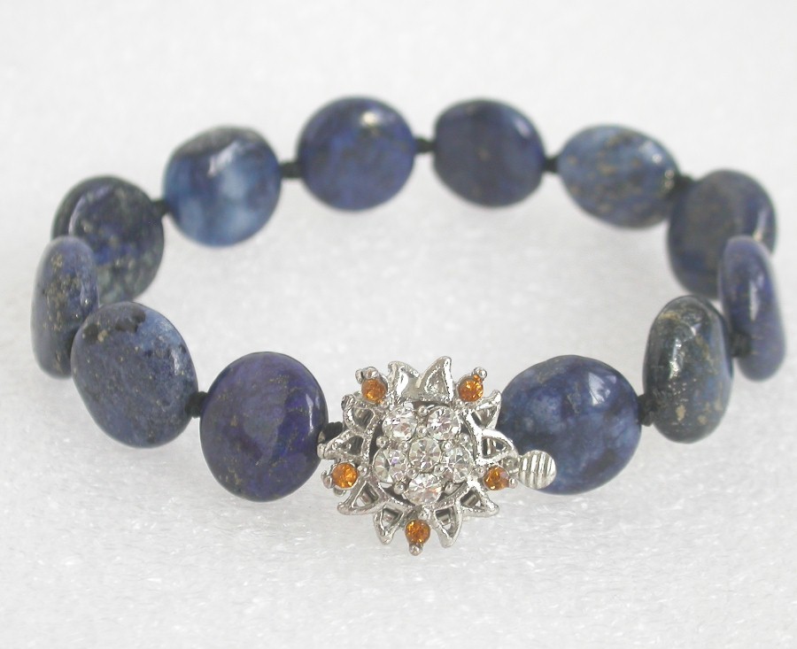AAA natural 8" 14mm coin fastener blue lapis lazuli Bracelet 18KGP c1074