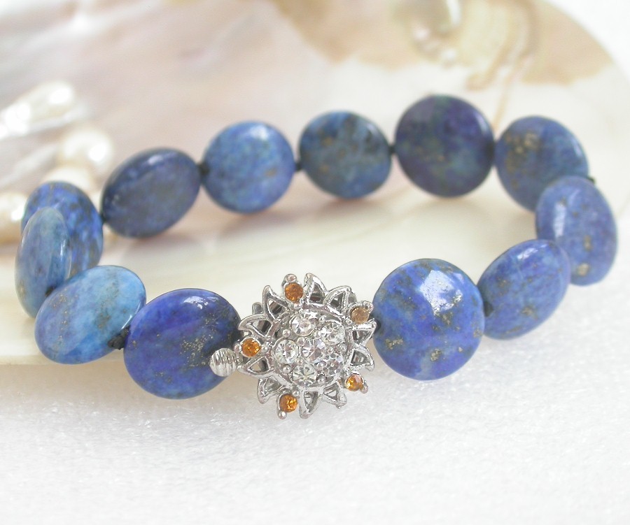 AAA natural 8" 16mm coin fastener blue lapis lazuli Bracelet 18KGP c1075
