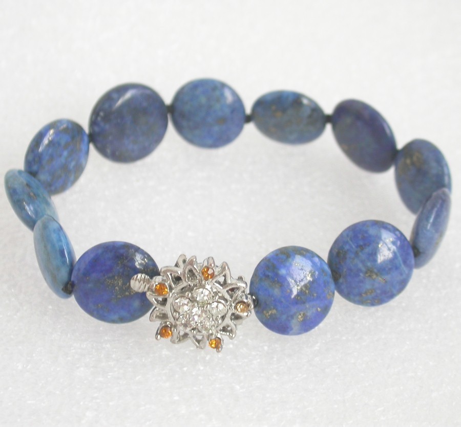 AAA natural 8" 16mm coin fastener blue lapis lazuli Bracelet 18KGP c1075