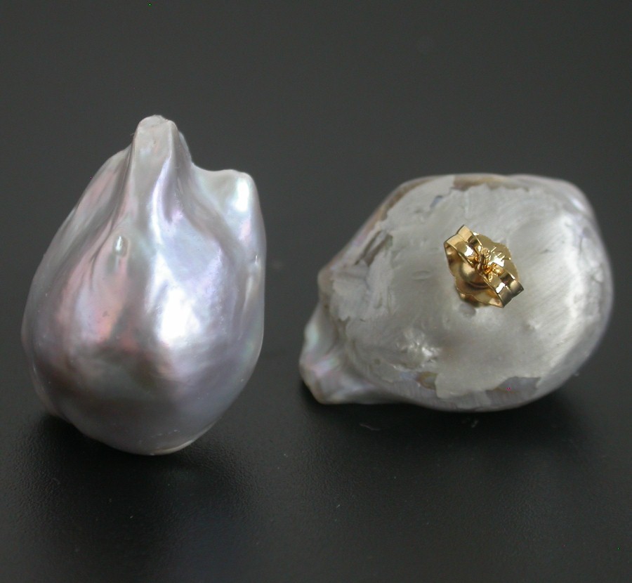 Baroque Studs 25mm Gray Reborn keshi pearls Earrings 14K Solid Gold Post C1077