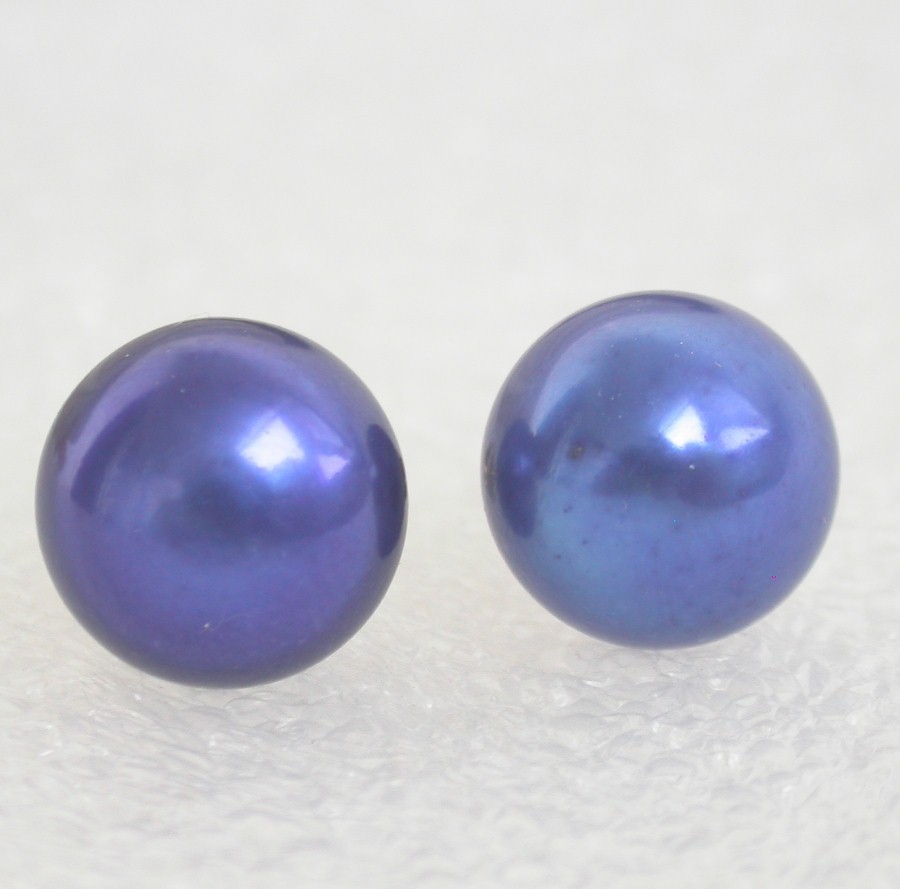 AAA Studs 11mm Navy Blue Round Freshwater Pearls Earrings 14KT c1078