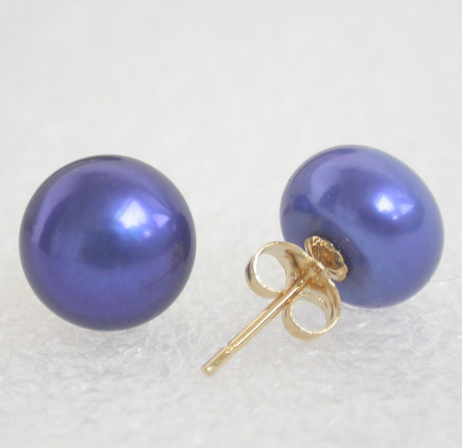 AAA Studs 11mm Navy Blue Round Freshwater Pearls Earrings 14KT c1078