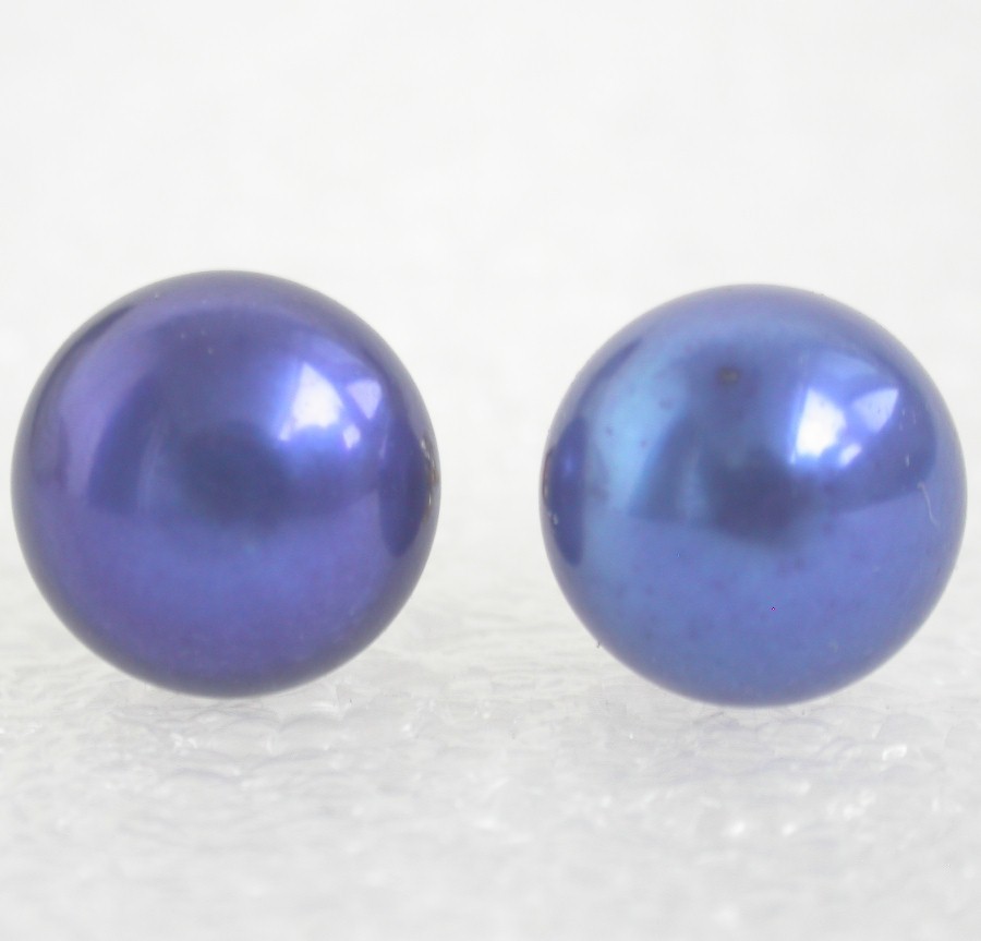 AAA Studs 11mm Navy Blue Round Freshwater Pearls Earrings 14KT c1078