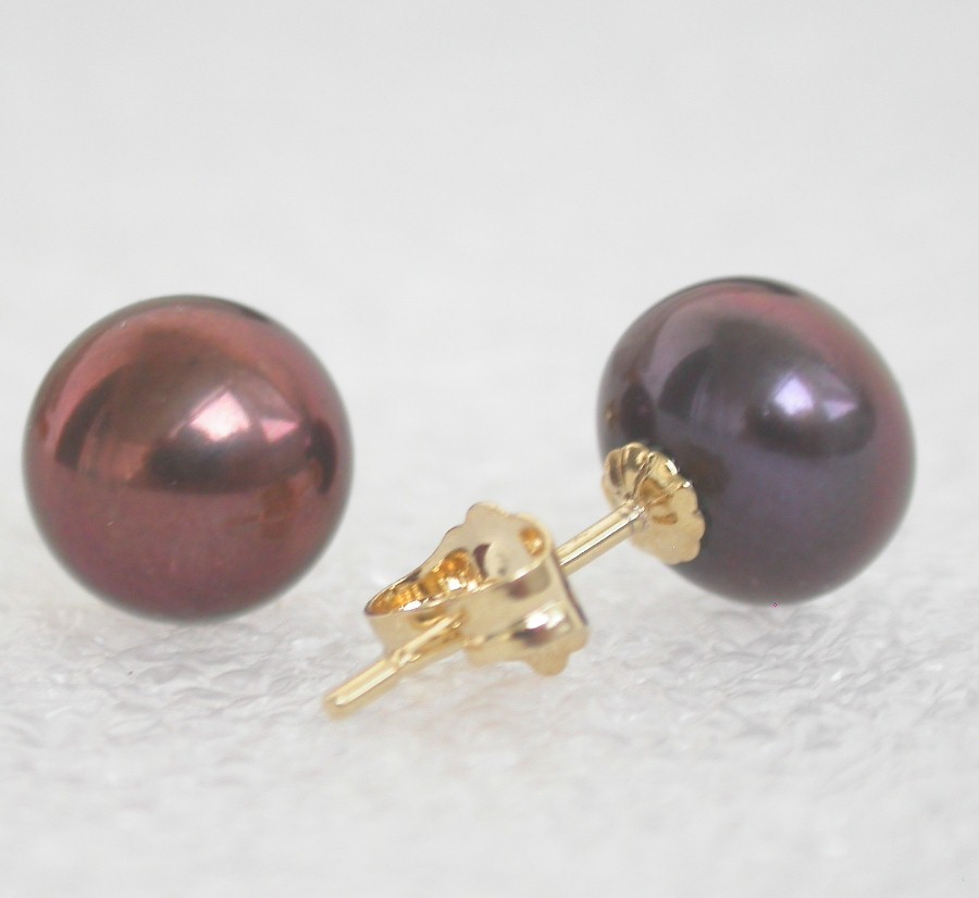 AAA Studs 9mm Black Brown Round Pearls Earrings 14K Solid Gold Post c1079