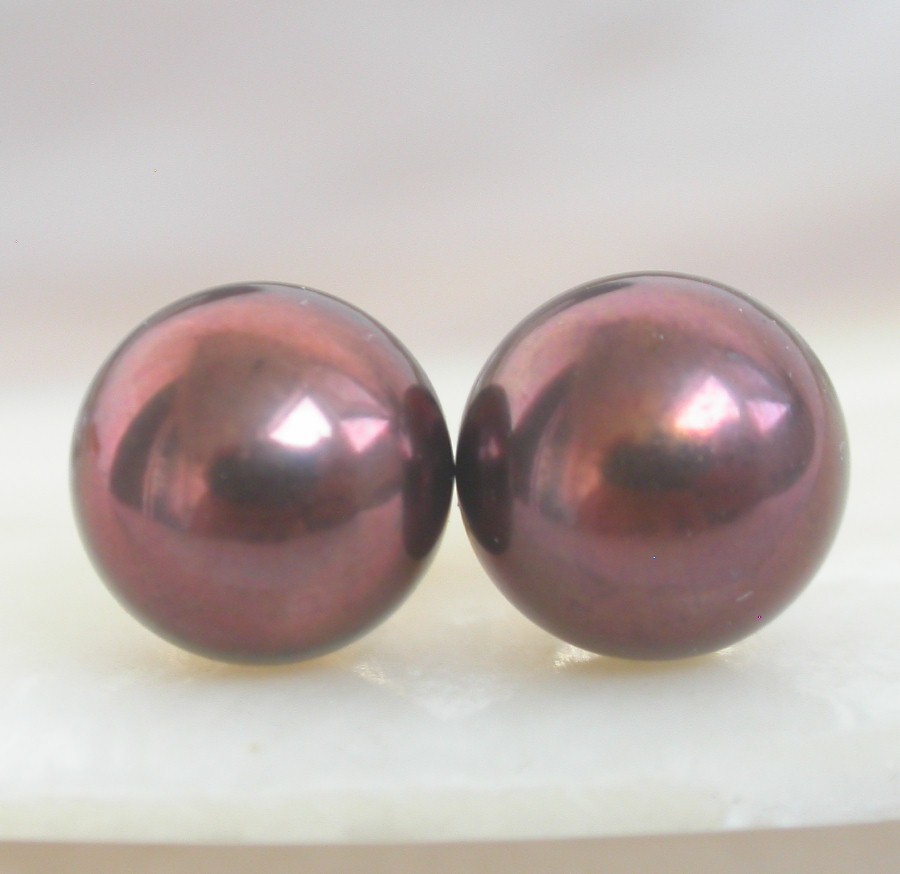 AAA Studs 9mm Black Brown Round Pearls Earrings 14K Solid Gold Post c1079