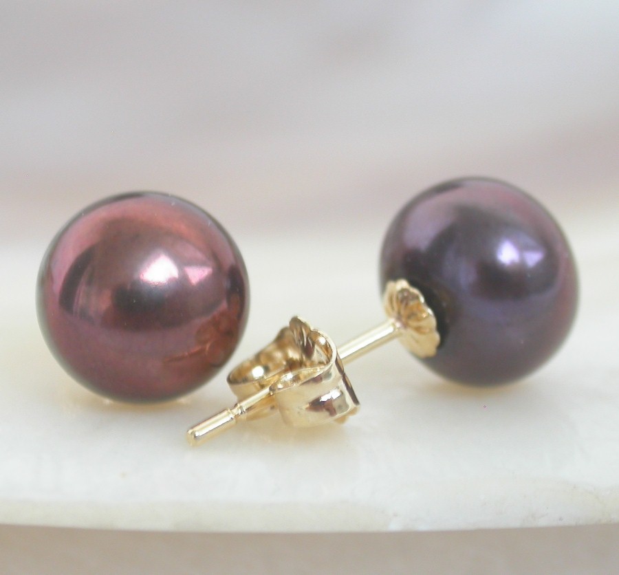 AAA Studs 9mm Black Brown Round Pearls Earrings 14K Solid Gold Post c1079