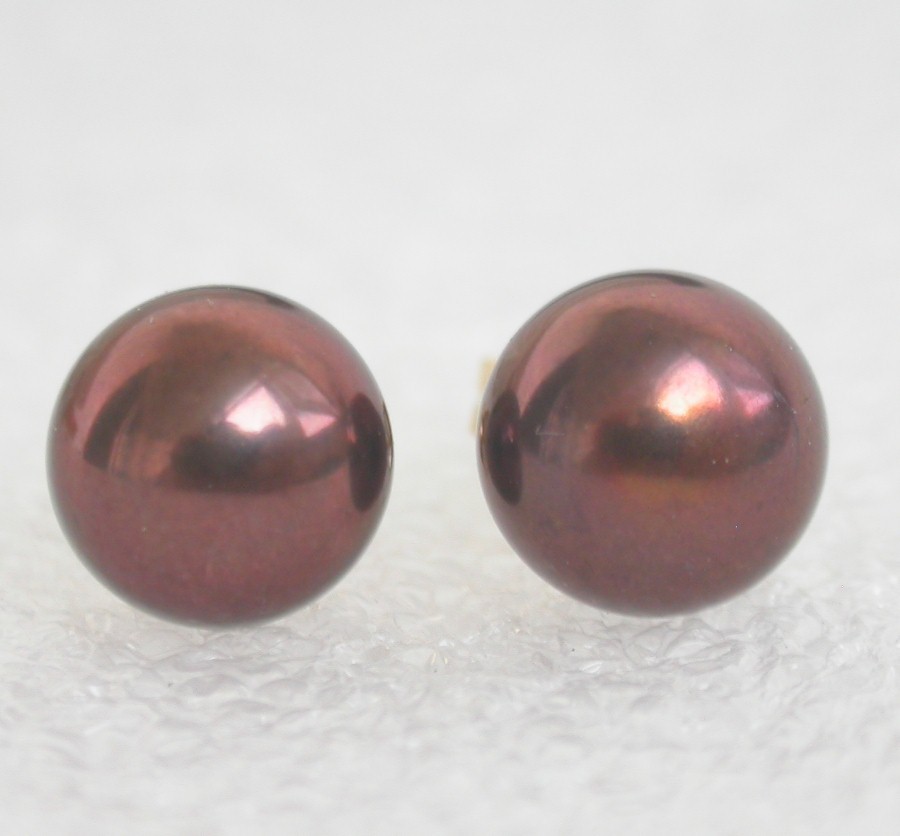 AAA Studs 9mm Black Brown Round Pearls Earrings 14K Solid Gold Post c1079
