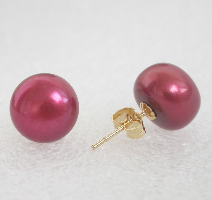 AAA Studs 11mm Red Round Pearls Earrings 14K Solid Gold Post c1080