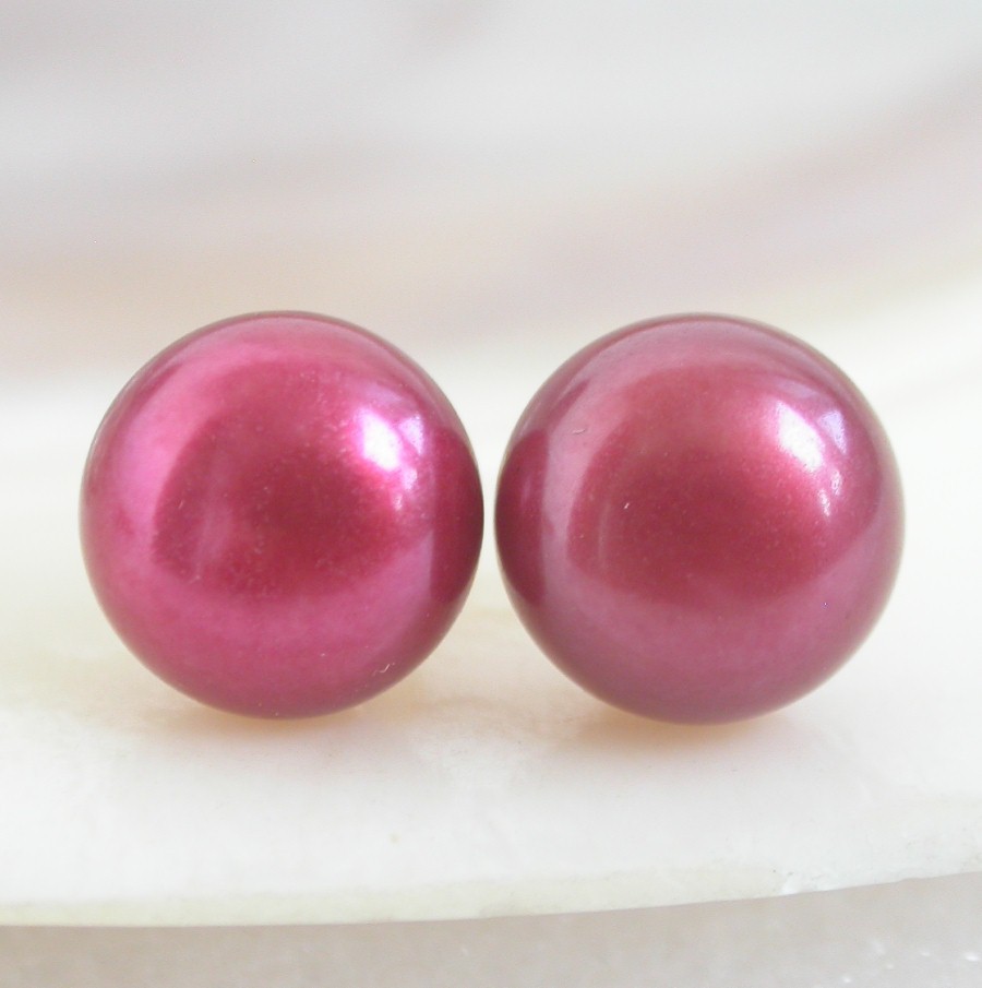 AAA Studs 11mm Red Round Pearls Earrings 14K Solid Gold Post c1080