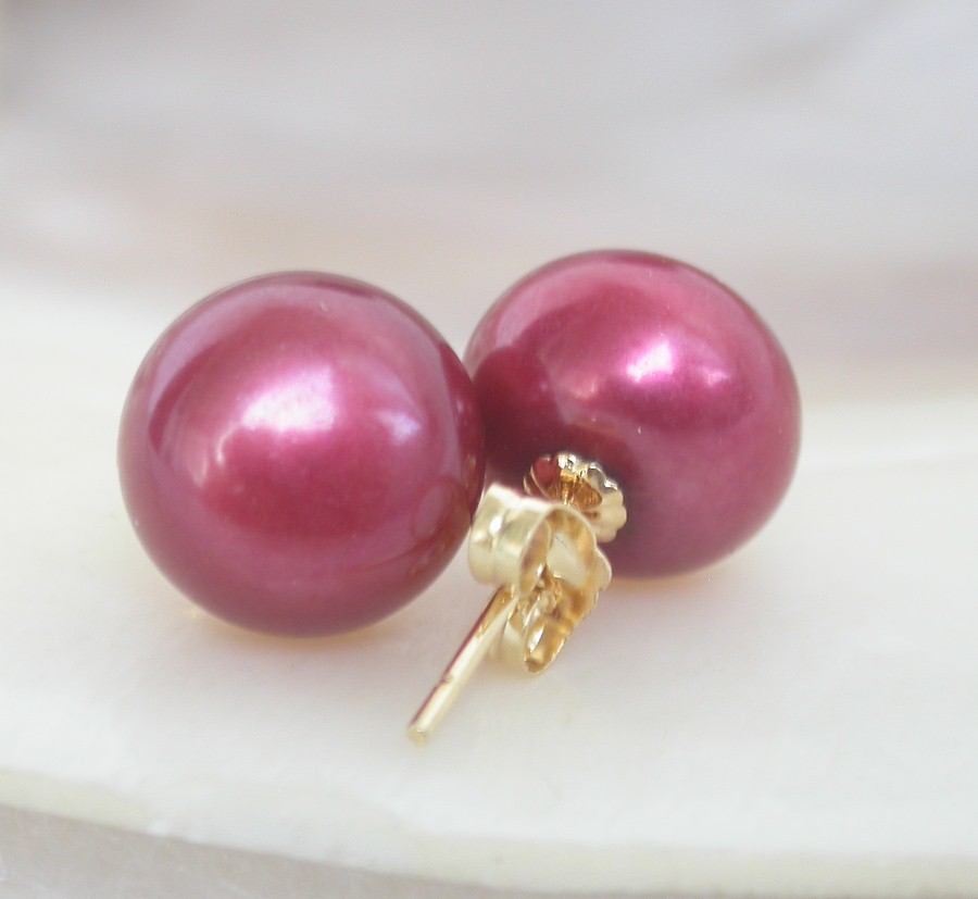 AAA Studs 11mm Red Round Pearls Earrings 14K Solid Gold Post c1080