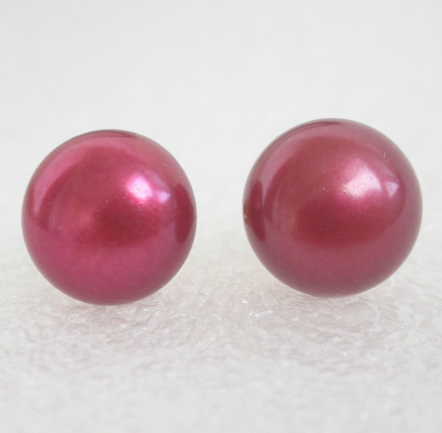 AAA Studs 11mm Red Round Pearls Earrings 14K Solid Gold Post c1080
