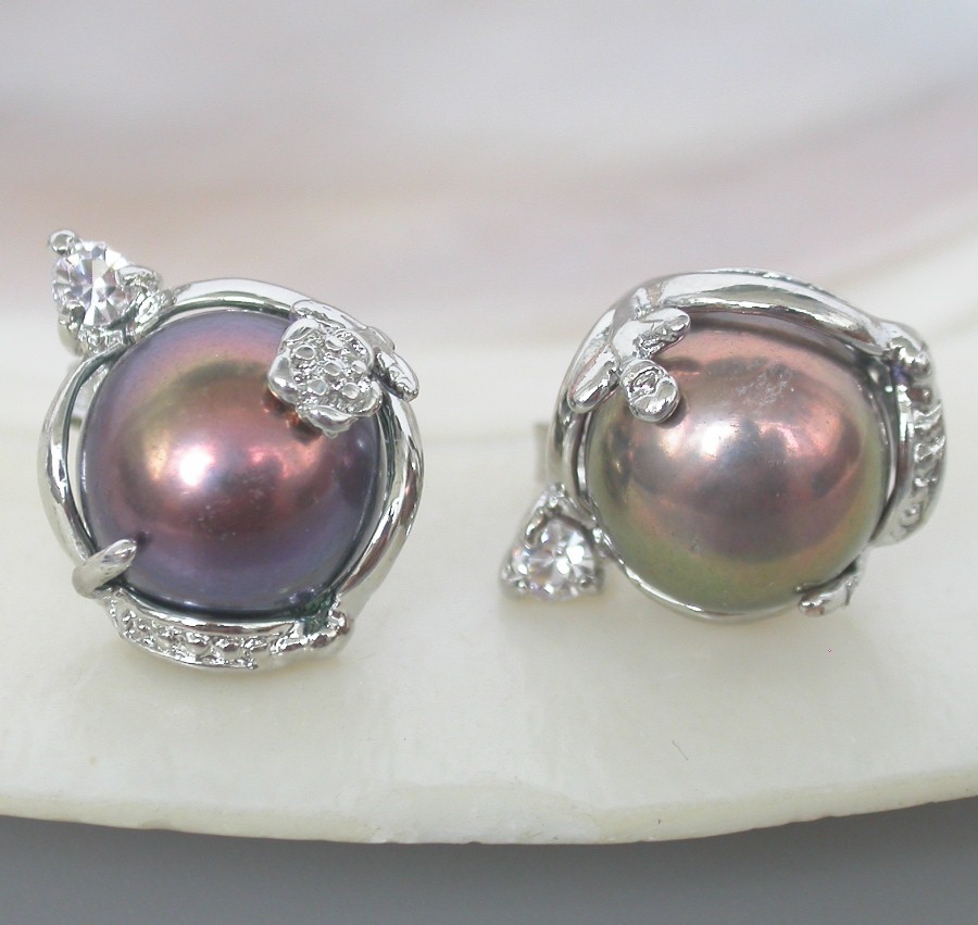 natural 2 piece 14mm Multicolor black pearls Earrings Platinum Plated Stud c1095
