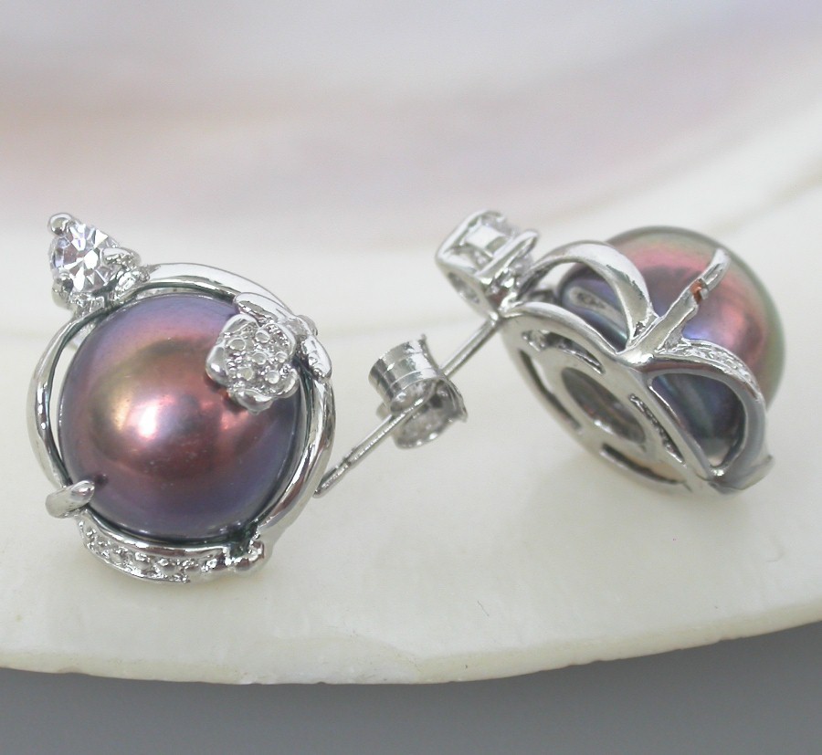 natural 2 piece 14mm Multicolor black pearls Earrings Platinum Plated Stud c1095