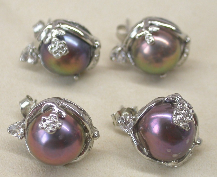 natural 2 piece 14mm Multicolor black pearls Earrings Platinum Plated Stud c1095