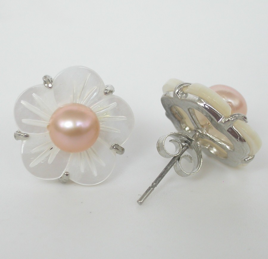 2piece 14mm pink pearls seashell Stud Earring Platinum Plated post c1096