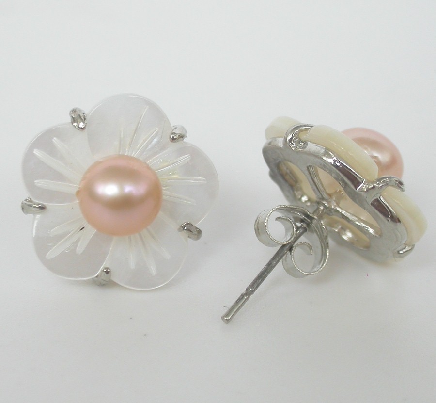 2piece 14mm pink pearls seashell Stud Earring Platinum Plated post c1096