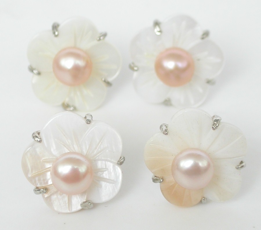 2piece 14mm pink pearls seashell Stud Earring Platinum Plated post c1096