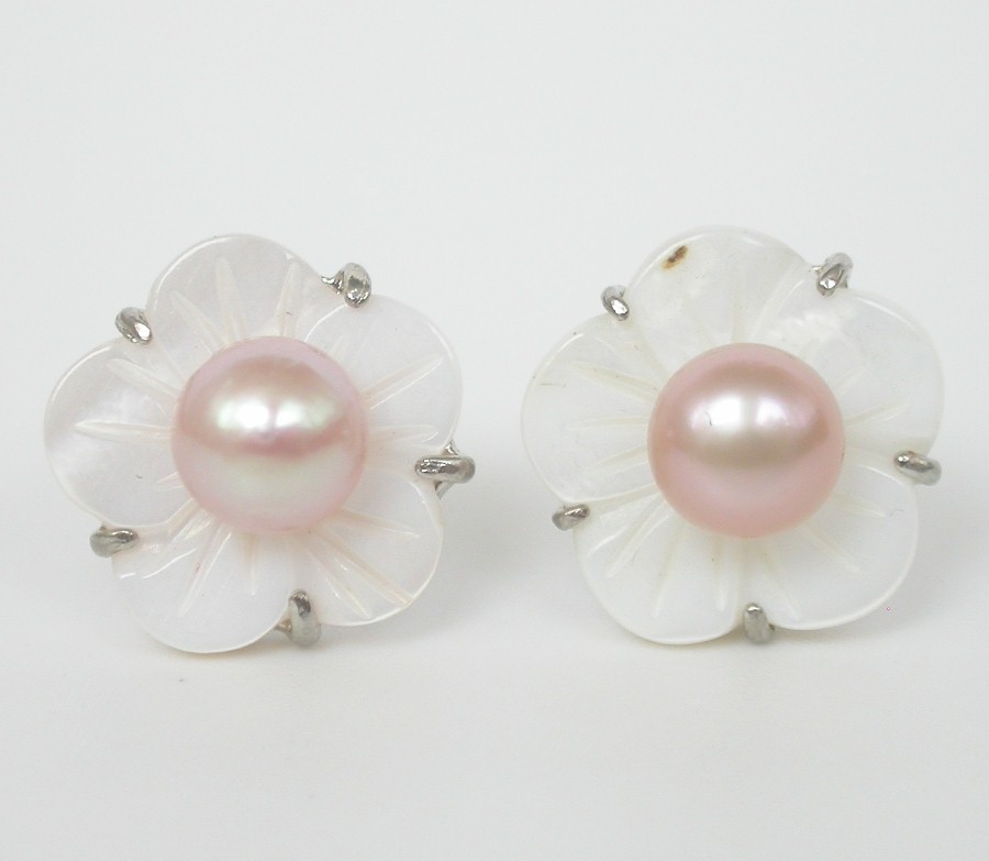 2piece 14mm purple pearls seashell Stud Earring Platinum Plated post c1097